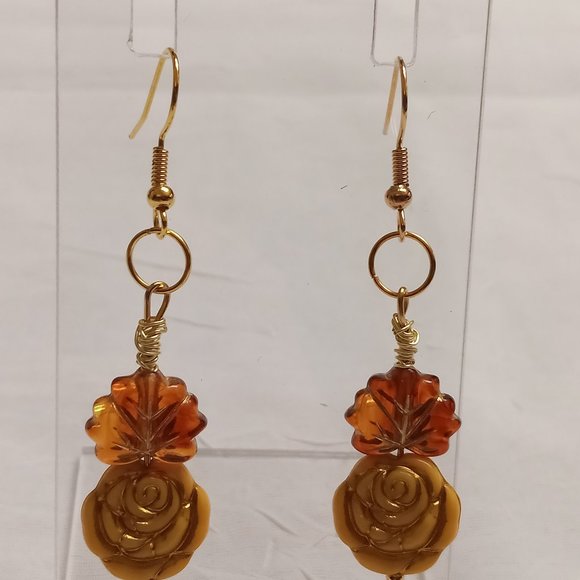 Steel Handmade Hand Crafted Leaf & Rose Beaded Dangle Earrings #55 - Picture 11 of 14